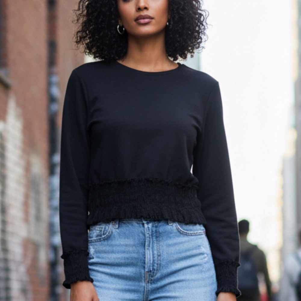 Black short top with long sleeves, smoked on wrist and waist, very flattering